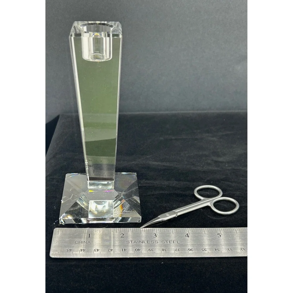 Oleg Cassini Crystal Candlestick Holder Signed Tapered Geometric Clear Glass 6in